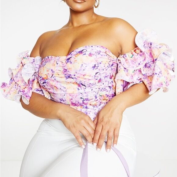 Pretty Little Thing Plus Lilac Floral Print Puff Sleeve Bardot Crop Top US 14 - Picture 1 of 10